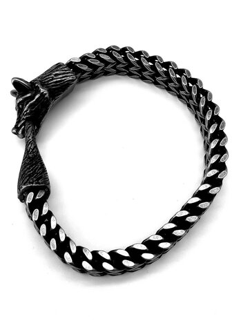 Wolfskopf-Armband für Herren aus gebürstetem schwarzem Rauch mit Fischgrätenglied. L 22 cm