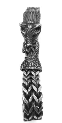 Wolfskopf-Armband für Herren aus gebürstetem schwarzem Rauch mit Fischgrätenglied. L 22 cm