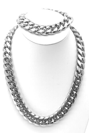 Stalen Set zilverkleurige grove Curb Cuban Link 18mm schakelketting armband met ketting