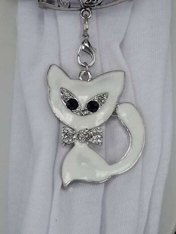 Hanger: metaal, poes, gebroken wit glas, strass strikje en ogen