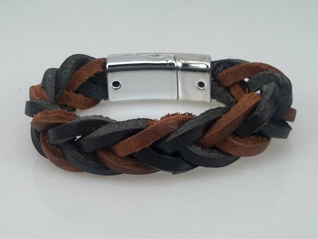 Leren Armband bruin-zwart, gevlochten, magneetsluiting