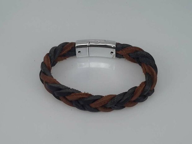 Leren Armband bruin-zwart, gevlochten, magneetsluiting