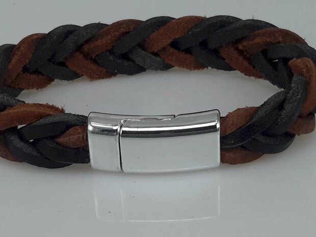 Leren Armband bruin-zwart, gevlochten, magneetsluiting