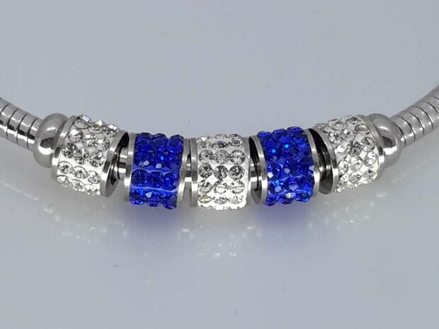 Flex Armband 18cm, 2 kleur & 3 wit kristalrijen, edelstaal