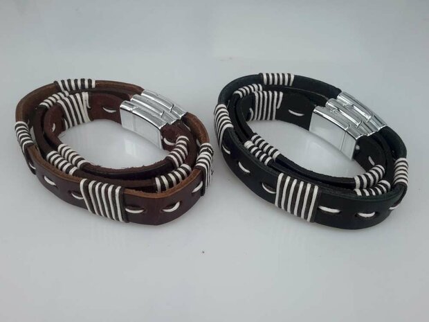 Leren Armband zwart, gestikt zwart-wit, 4 dwars draad, magneetsluiting