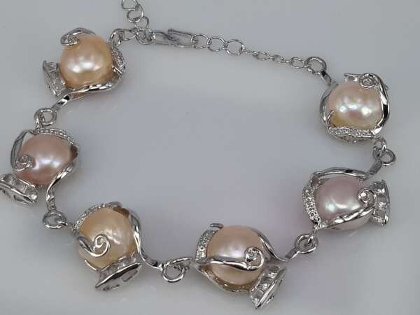 Armband, zilverkleur, met echte 6 zoetwaterparels, rosé, wit 