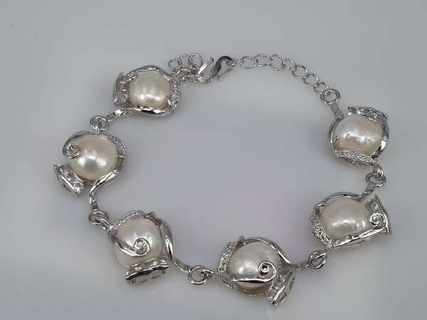 Armband, zilverkleur, met echte 6 zoetwaterparels, rosé, wit 