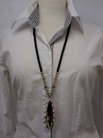 Kralenketting, 75 cm, zwart en zilverkl. kralen en beige edelsteen in 4 kleur verkrijgbaar.