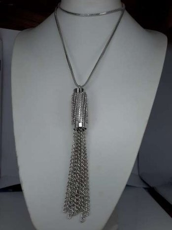 Ketting, 70 cm, zilverkleur, tube met strass en 10 kettinkjes