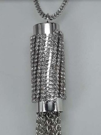Ketting, 70 cm, zilverkleur, tube met strass en 10 kettinkjes