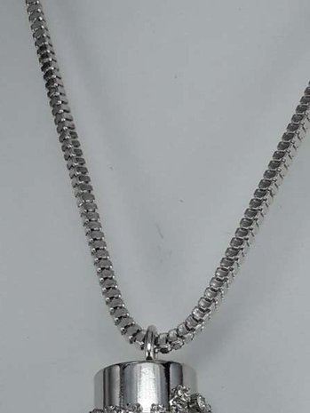 Ketting, 70 cm, zilverkleur, tube met strass en 10 kettinkjes