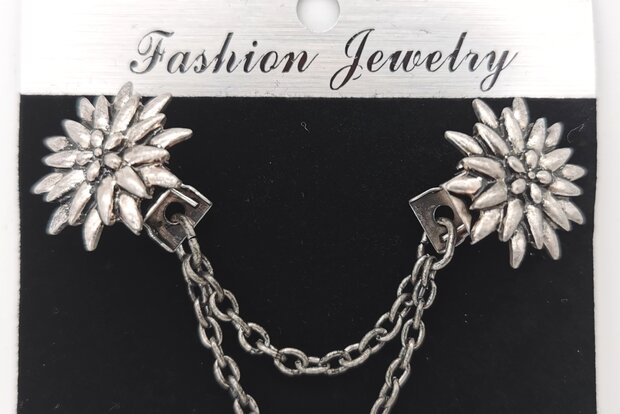 Clips met dubbel ketting, Edelweiss in zilverkleur.