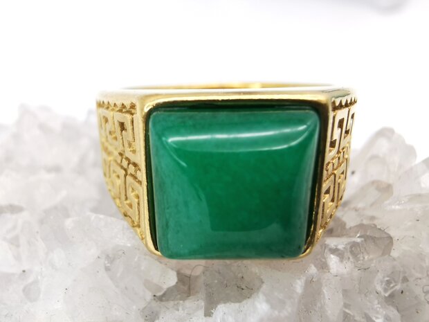 RVS Edelsteen groene Jade goudkleurig Griekse design Ring. Vierkant ringen met beschermsteen