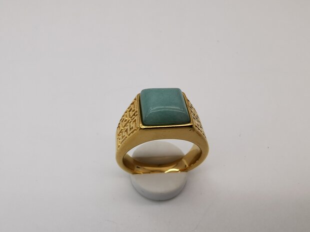 Edelstahl-Edelstein-Grüner Calcit-goldfarbener griechischer Design-Ring. Vierkantringe mit Schutzstein