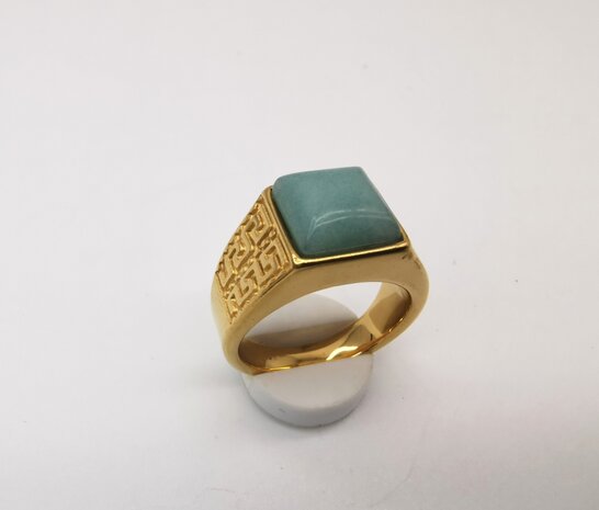 RVS Edelsteen groene Calciet goudkleurig Griekse design Ring. Vierkant ringen met beschermsteen