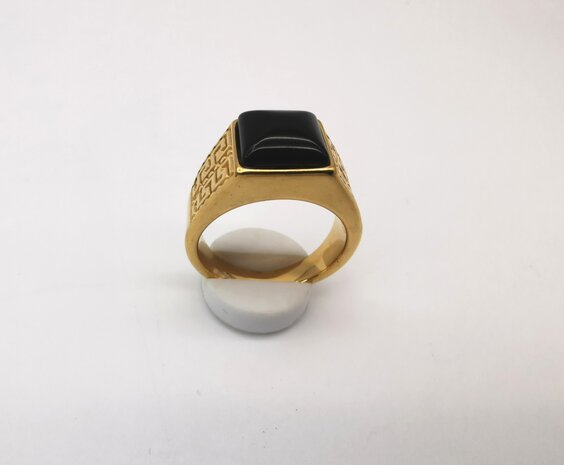 RVS Edelsteen Onyx goudkleurig Griekse design Ring. Vierkant ringen met beschermsteen