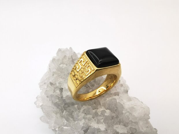 RVS Edelsteen Onyx goudkleurig Griekse design Ring. Vierkant ringen met beschermsteen