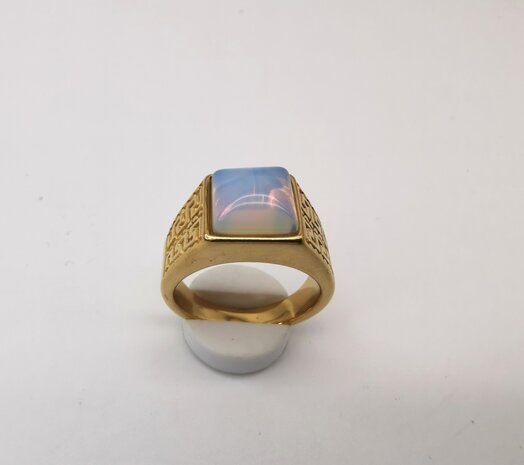 RVS Edelsteen Opaal goudkleurig Griekse design Ring. Vierkant ringen met beschermsteen