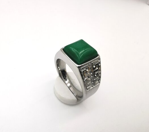 Edelstahl-Edelstein-grüne Jade silberfarbene quadratische Ringe im griechischen Design mit Schutzstein.