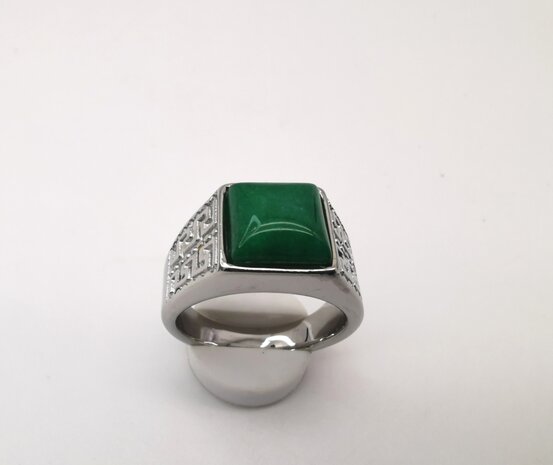 RVS Edelsteen groene Jade zilverkleurig Griekse design vierkant ringen met beschermsteen. 