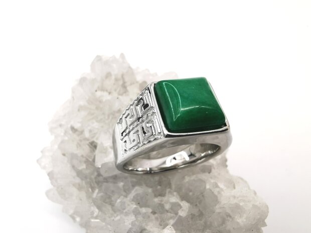 Edelstahl-Edelstein-grüne Jade silberfarbene quadratische Ringe im griechischen Design mit Schutzstein.