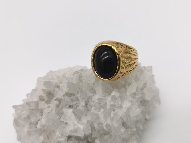 RVS goudkleurig ovale edelsteen ring met Onyx edelsteen 