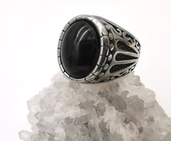 RVS zilverkleurig ovale edelsteen ring met Onyx edelsteen 