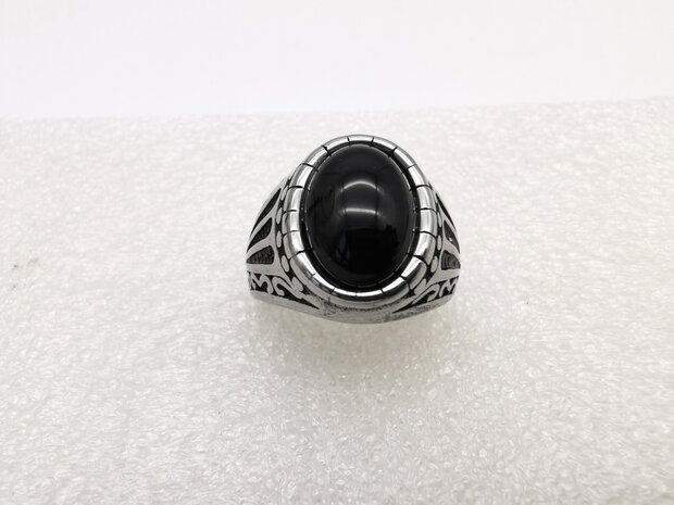 RVS zilverkleurig ovale edelsteen ring met Onyx edelsteen 