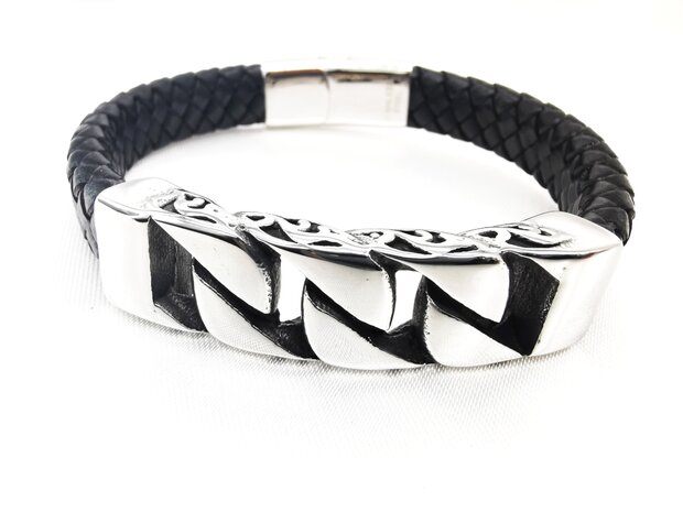 Geflochtenes Herrenarmband aus schwarzem Leder - Edelstahlplatte mit Gourmet-Gliedermotiv