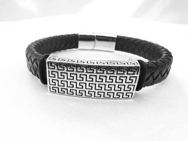 Gevlochten zwarte leren heren armband - RVS Grieks-style motief plaat 