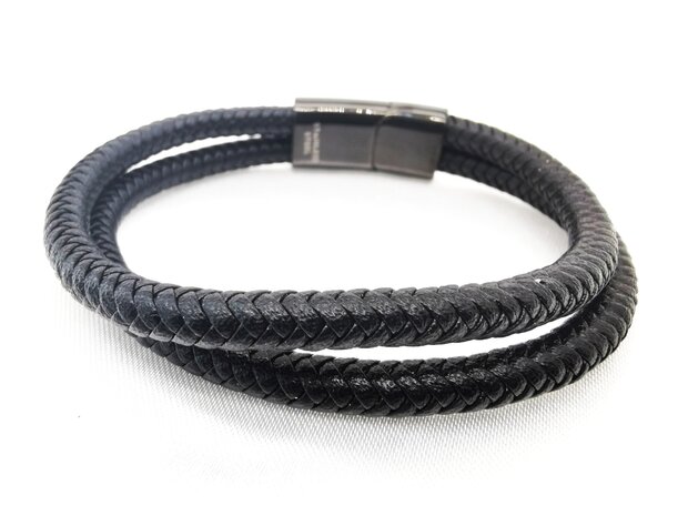 Doppeltes schwarzes geflochtenes Herrenarmband aus Leder