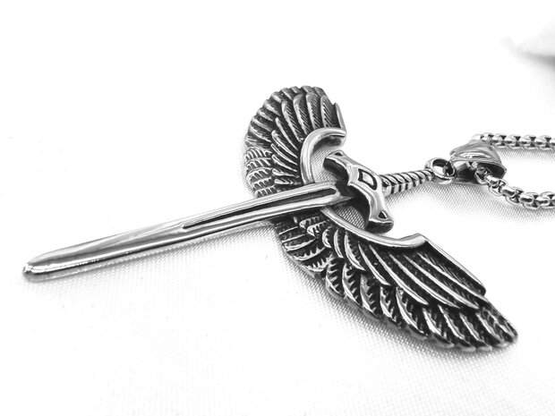 Einzigartiges Edelstahl-Anhängerschwert mit Flügelkreuz (Wächter- oder Engelsymbolik)
