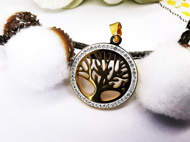 RVS Hanger Levensboom met zirkonia rand ( Tree of Life ) goudkleurige (25 mm)