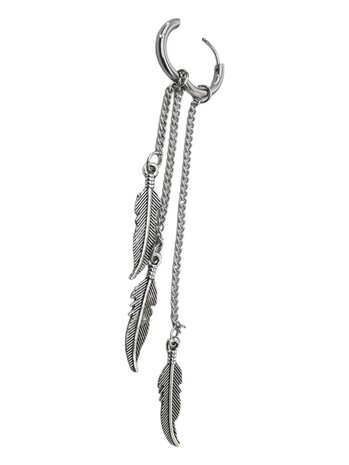 Silberfarbener Edelstahl-Ohrring von Ø 12 mm mit 3 losen Ketten unterschiedlicher Länge, an denen eine schöne Feder hängt.