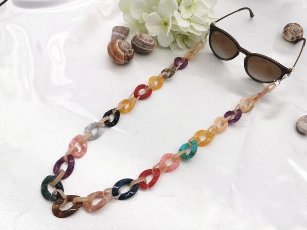 Trendige 2-in-1-Sonnenbrille/Halskette – Brillenband, Acryl-Gliederkette – L70 cm, mehrfarbig
