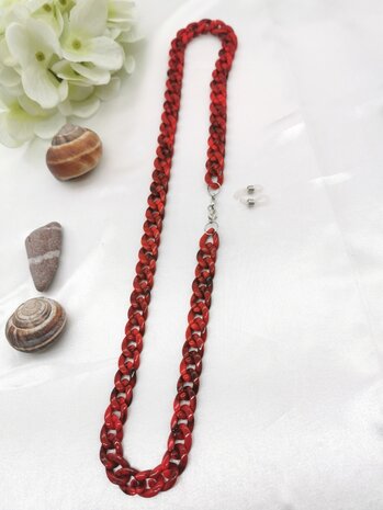 Trendy 2 in 1 Zonnebril / Ketting - Brillenkoord  Acryl schakelketting -L70 cm donker Rood gemêleerd