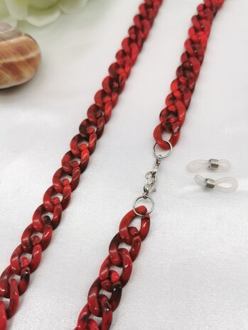 Trendy 2 in 1 Zonnebril / Ketting - Brillenkoord  Acryl schakelketting -L70 cm donker Rood gemêleerd