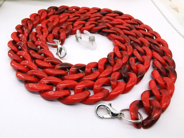 Trendy 2 in 1 Zonnebril / Ketting - Brillenkoord  Acryl schakelketting -L70 cm donker Rood gemêleerd