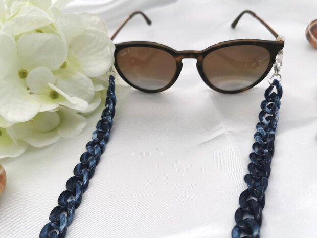 Trendige 2-in-1-Sonnenbrille/Halskette – Brillenband, Acryl-Gliederkette – L70 cm, Dunkelblau-Melange
