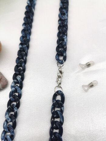 Trendy 2 in 1 Zonnebril / Ketting - Brillenkoord  Acryl schakelketting -L70 cm donker Blauw gemêleerd