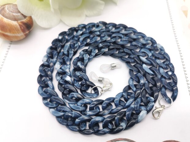 Trendy 2 in 1 Zonnebril / Ketting - Brillenkoord  Acryl schakelketting -L70 cm donker Blauw gemêleerd