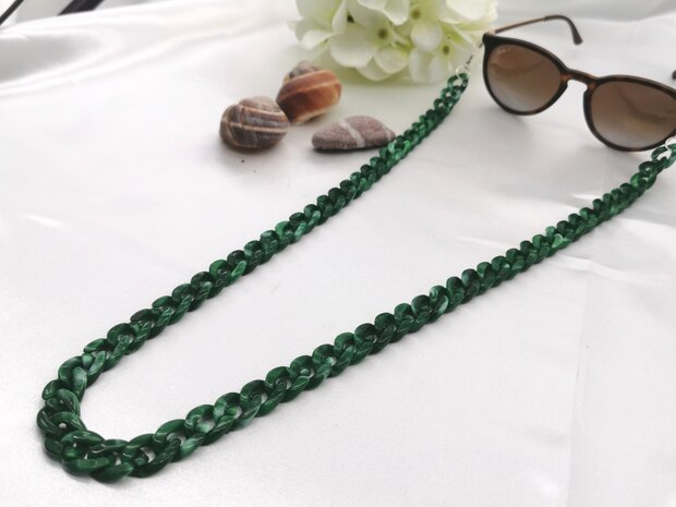 Trendige 2-in-1-Sonnenbrille/Halskette – Brillenband, Acryl-Gliederkette – L70 cm, Grün-Melange