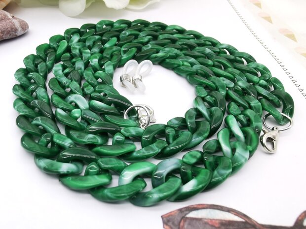 Trendy 2 in 1 Zonnebril / Ketting - Brillenkoord  Acryl schakelketting -L70 cm Groen gemêleerd