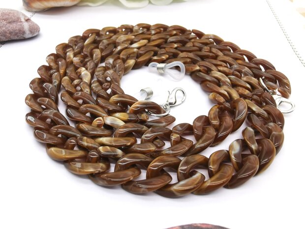 Trendy 2 in 1 Zonnebril / Ketting - Brillenkoord  Acryl schakelketting -L70 cm Chocolade bruin gemêleerd