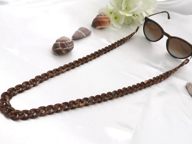 Trendige 2-in-1-Sonnenbrille/Halskette – Brillenband, Acryl-Gliederkette – L70 cm, dunkelbraun-Melange