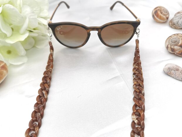 Trendige 2-in-1-Sonnenbrille/Halskette – Brillenband, Acryl-Gliederkette – L70 cm, dunkelbraun-Melange
