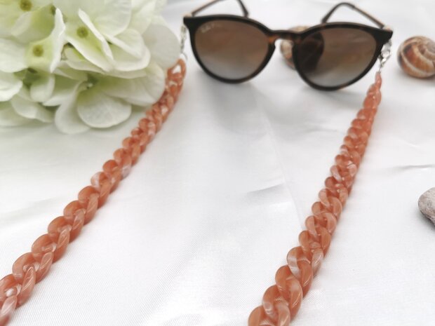 Trendige 2-in-1-Sonnenbrille/Halskette – Brillenband, Acryl-Gliederkette – L70 cm, Lachsfarben-Melange