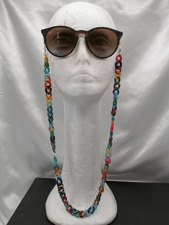 Trendige 2-in-1-Sonnenbrille/Halskette – Brillenband, Acryl-Gliederkette – L70 cm, Mehrfarben-Melange