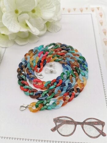 Trendige 2-in-1-Sonnenbrille/Halskette – Brillenband, Acryl-Gliederkette – L70 cm, Mehrfarben-Melange