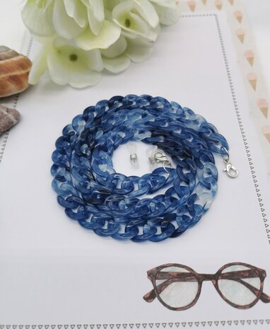 Trendige 2-in-1-Sonnenbrille/Halskette – Brillenband, Acryl-Gliederkette – L70 cm, Blau-Melange